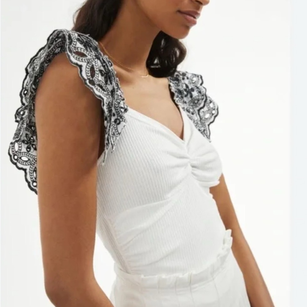 Anthropologie White Top with Black Lace Accents